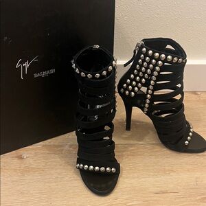 Balmain Black Strappy Suede Heels with Grommet Stud Details Size 36